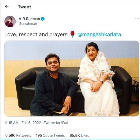 Singer-songwriter A.R. Rahman paid a tribute to Lata Manghasker with a tweet 